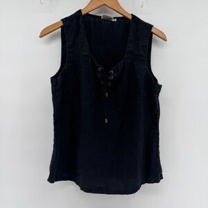 Hot Cotton Black 100% Linen Lace Up Sleeveless Top Tank Grommet Detail Medium
